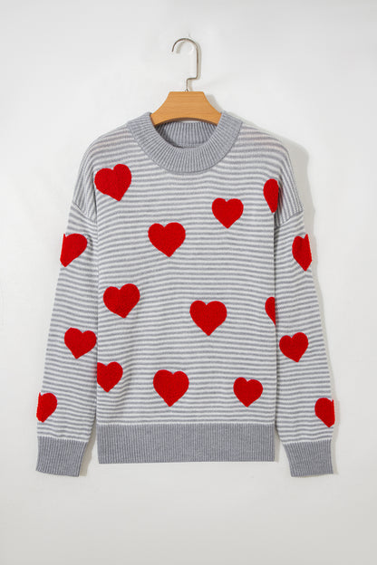 Gray Stripe Heart Valentine Knit Sweater