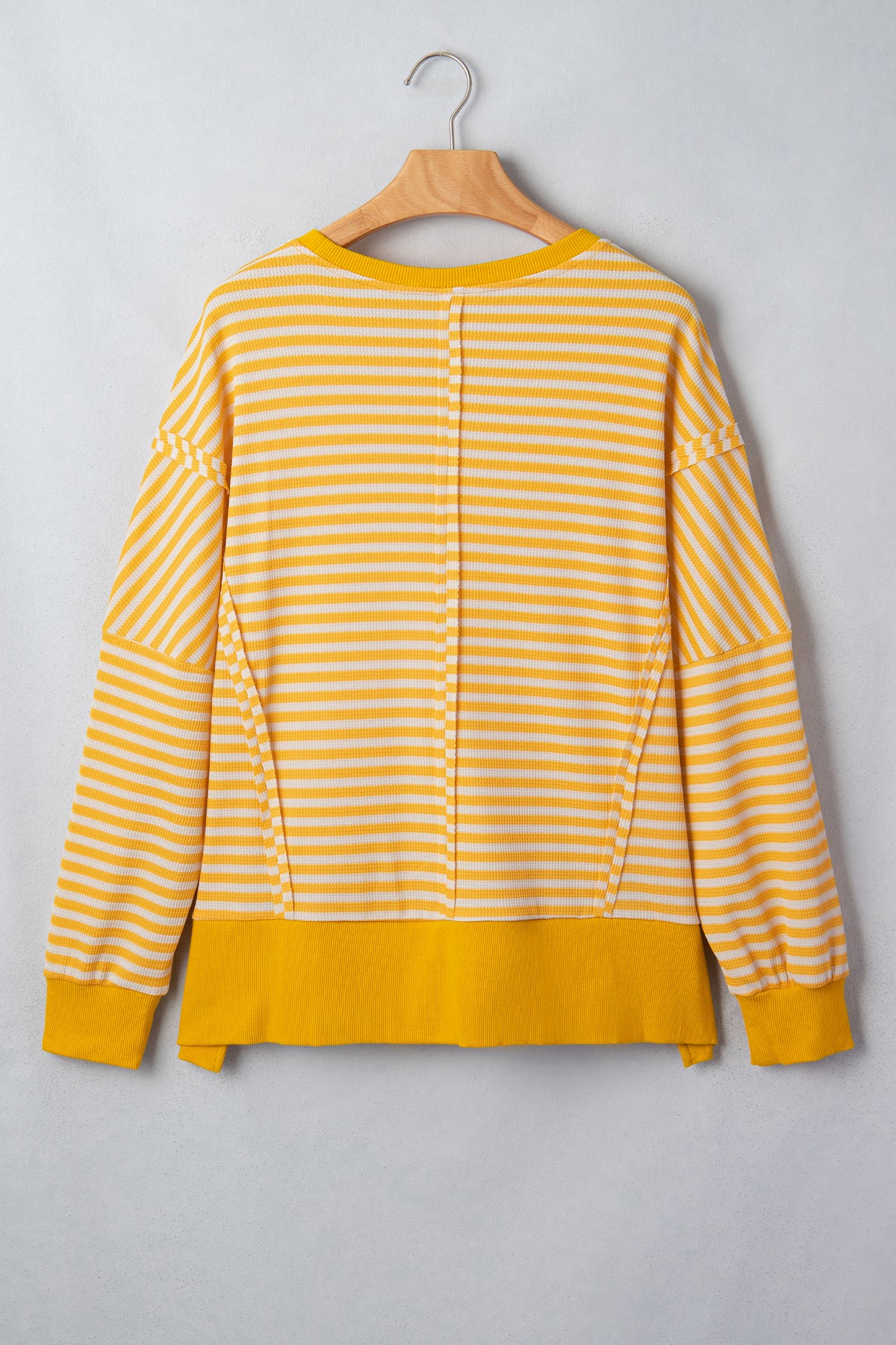 Khaki Stripe Textured Knit Color Block Trim Split Hem Long Sleeve Top