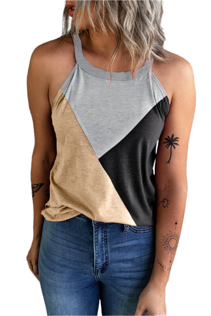 Light French Beige Geometric Color Block Sleeveless Top