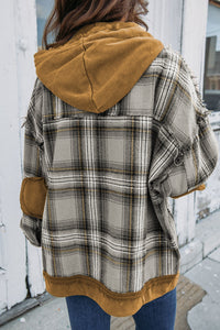 Grey Plaid Patchwork Frayed Trim Snap Button Hooded Jacket