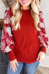 Fiery Red Contrast Mixed Animal Print Lantern Sleeve Patchwork Top