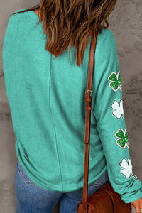 Green Sequin St Patrick Clover Patched Graphic Long Sleeve Tee