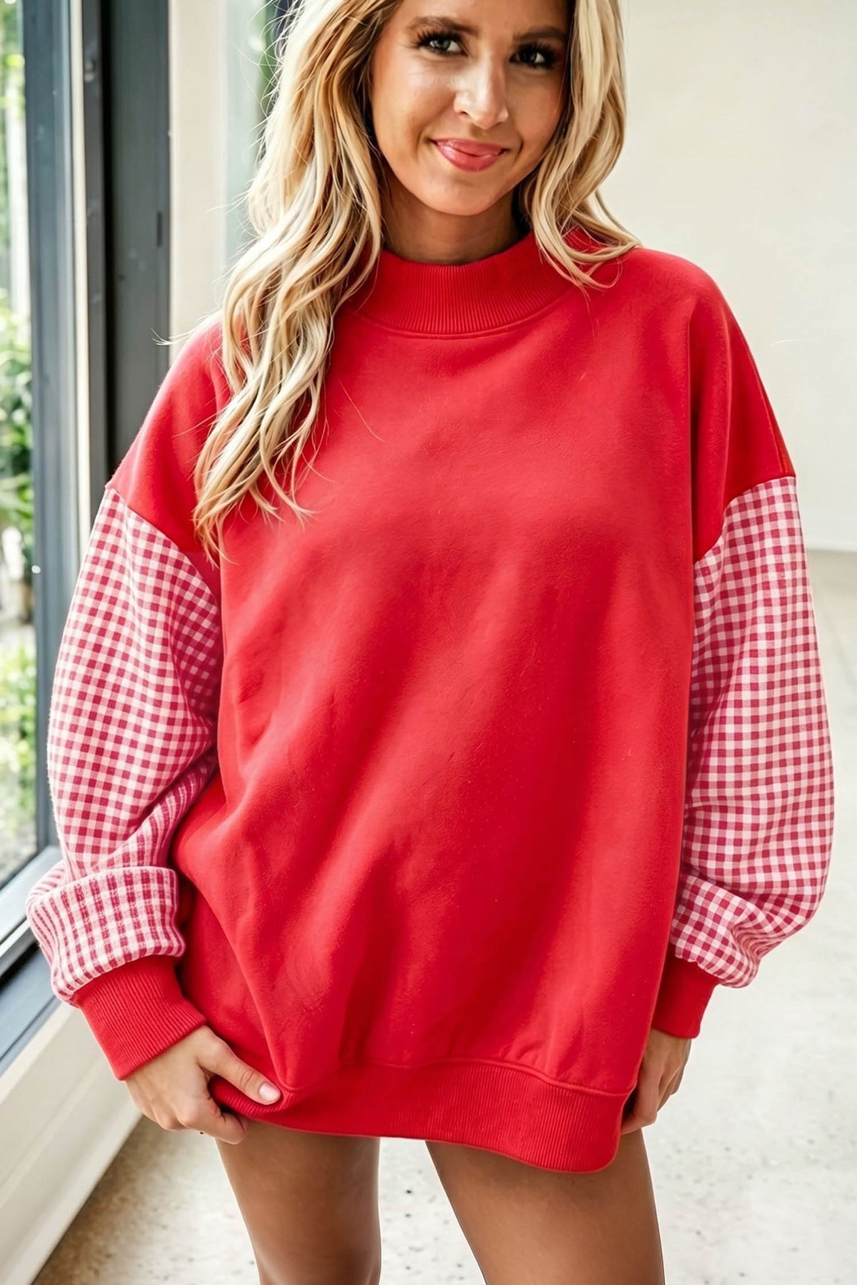 Russet Orange Plaid Sleeve Colorblock Loose Tunic Sweatshirt