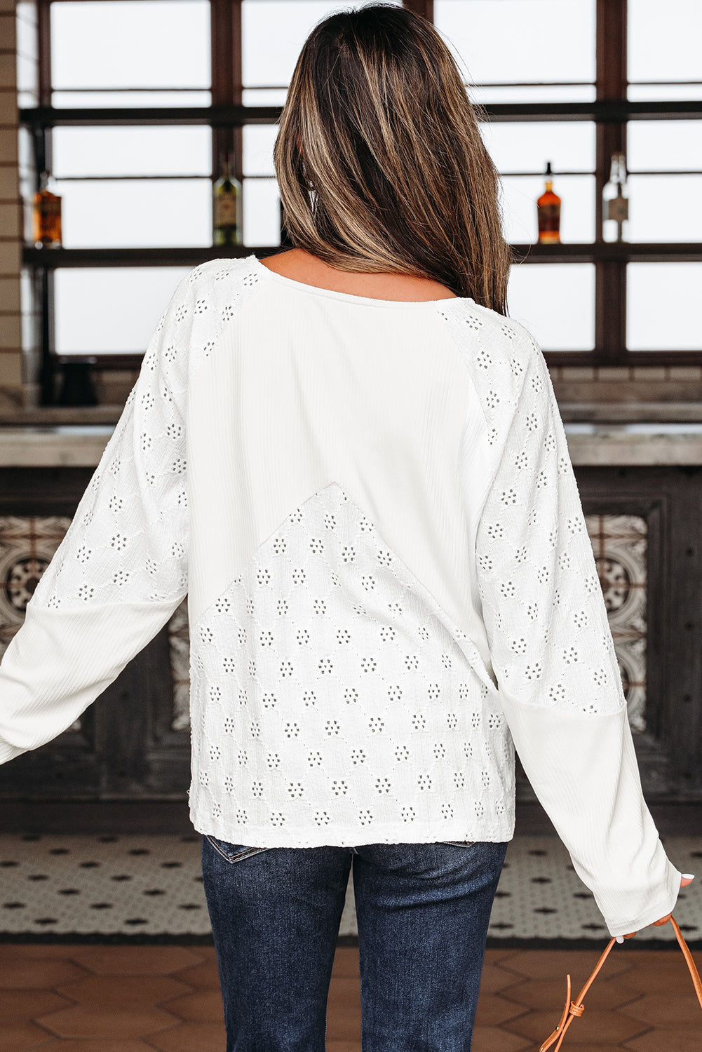 White Twisted Rib V Neck Long Sleeve Top