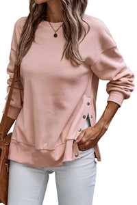 Light Pink Snap Buttons Side Splits Pullover Sweatshirt