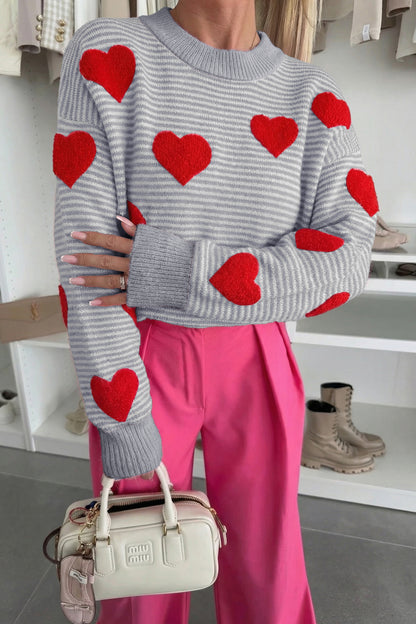 Gray Stripe Heart Valentine Knit Sweater