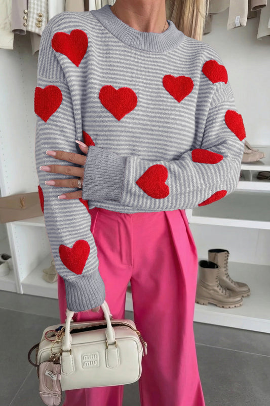 Gray Stripe Heart Valentine Knit Sweater