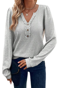 Light Grey Notched Neck Button Detail Puff Long Sleeve Top