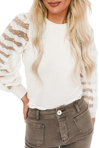 White Frills Stripe Mesh Sleeve Ribbed Knit Top