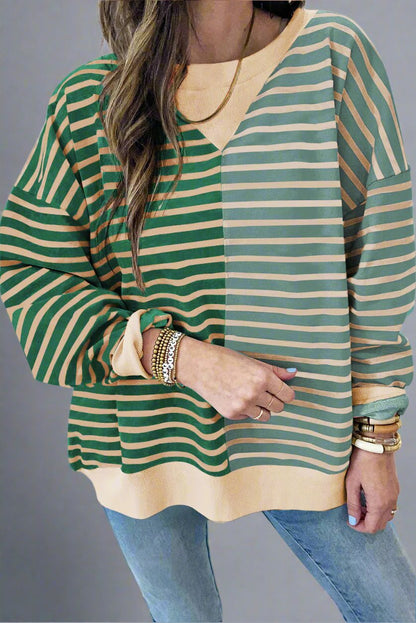 Green Stripe Casual Stripe Colorblock Drop Shoulder Oversize Sweatshirt