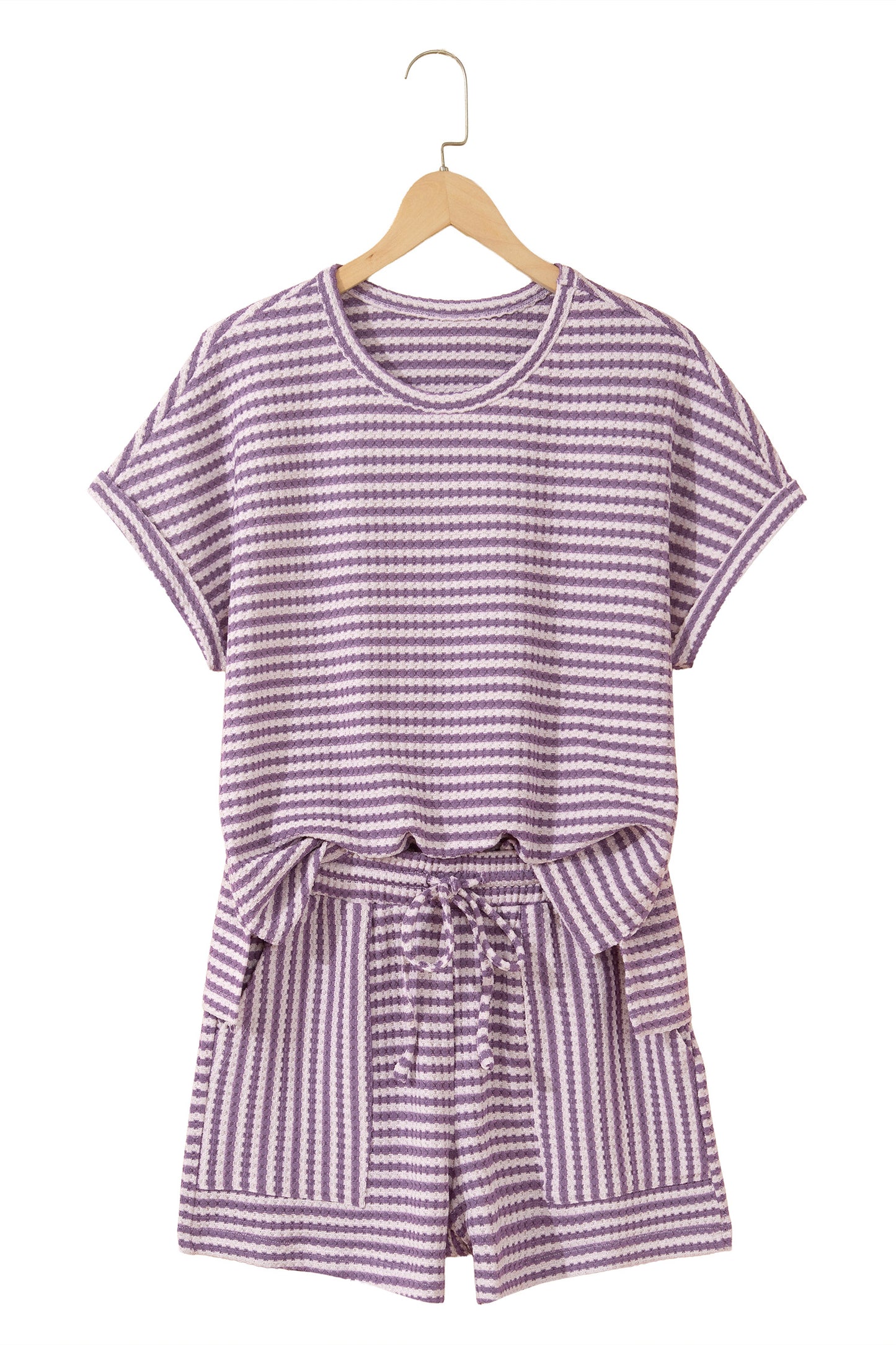 Brown Stripe Knit Short 2pcs Set