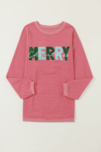 Strawberry Pink MERRY Christmas Corded Pullover Sweatshirt