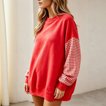 Plaid Color Block Oversized Sweatshirt Casual Fall Pullover