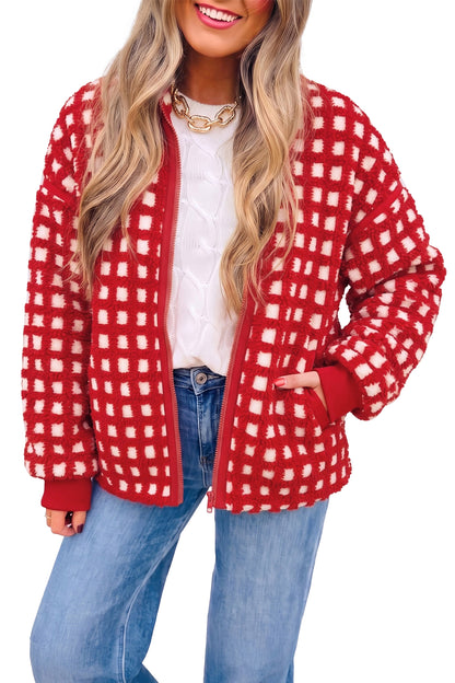 Fiery Red Plaid Zip-up Long Sleeve Jacket
