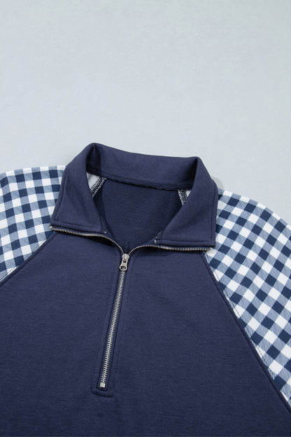 Racing Red Patchwork Plaid Pocket Quarter Zip Sweatshirt