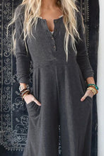Load image into Gallery viewer, Grey Henley Long Sleeve Wide Leg Jumpsuit with Pockets