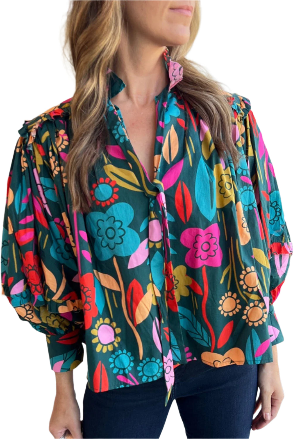 Green Floral Knot Split Neck Puff Sleeve Blouse
