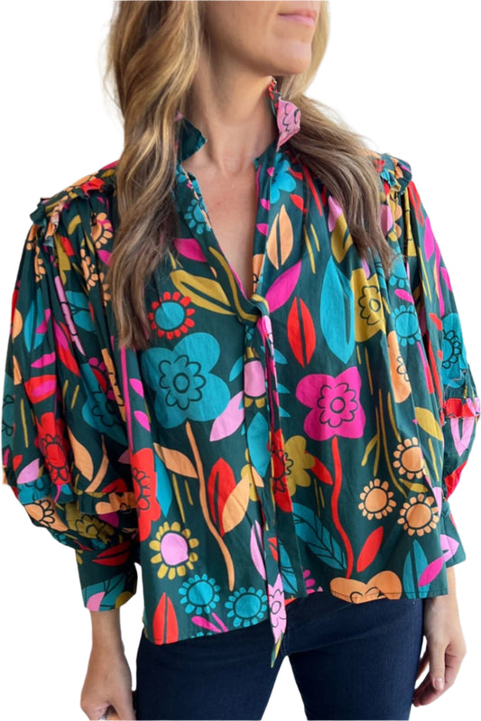 Green Floral Knot Split Neck Puff Sleeve Blouse