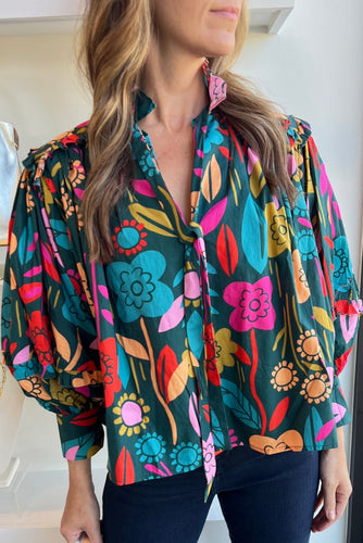Heather-Floral Knot Split Neck Puff Sleeve Blouse