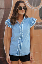Load image into Gallery viewer, Beau Blue Button Front Ruffled Flutter Frayed Denim Top