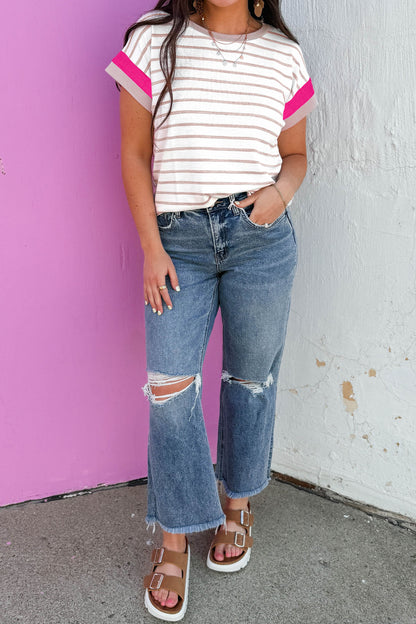 Khaki Stripe Color Block Short Sleeve Top