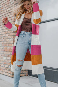 Multicolor Knitted Color Block Open Front Long Cardigan