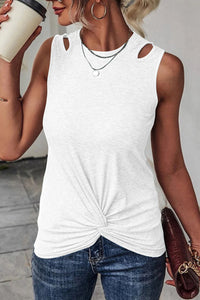 Ribbed Knit Cut Out Twist Front Crew Neck Tank Top