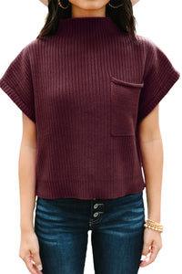 Patch Pocket Ribbed Knit Short Sleeve Sweater