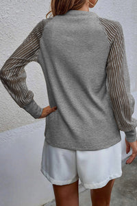 Ribbed Solid Color Striped Mesh Long Sleeve Top
