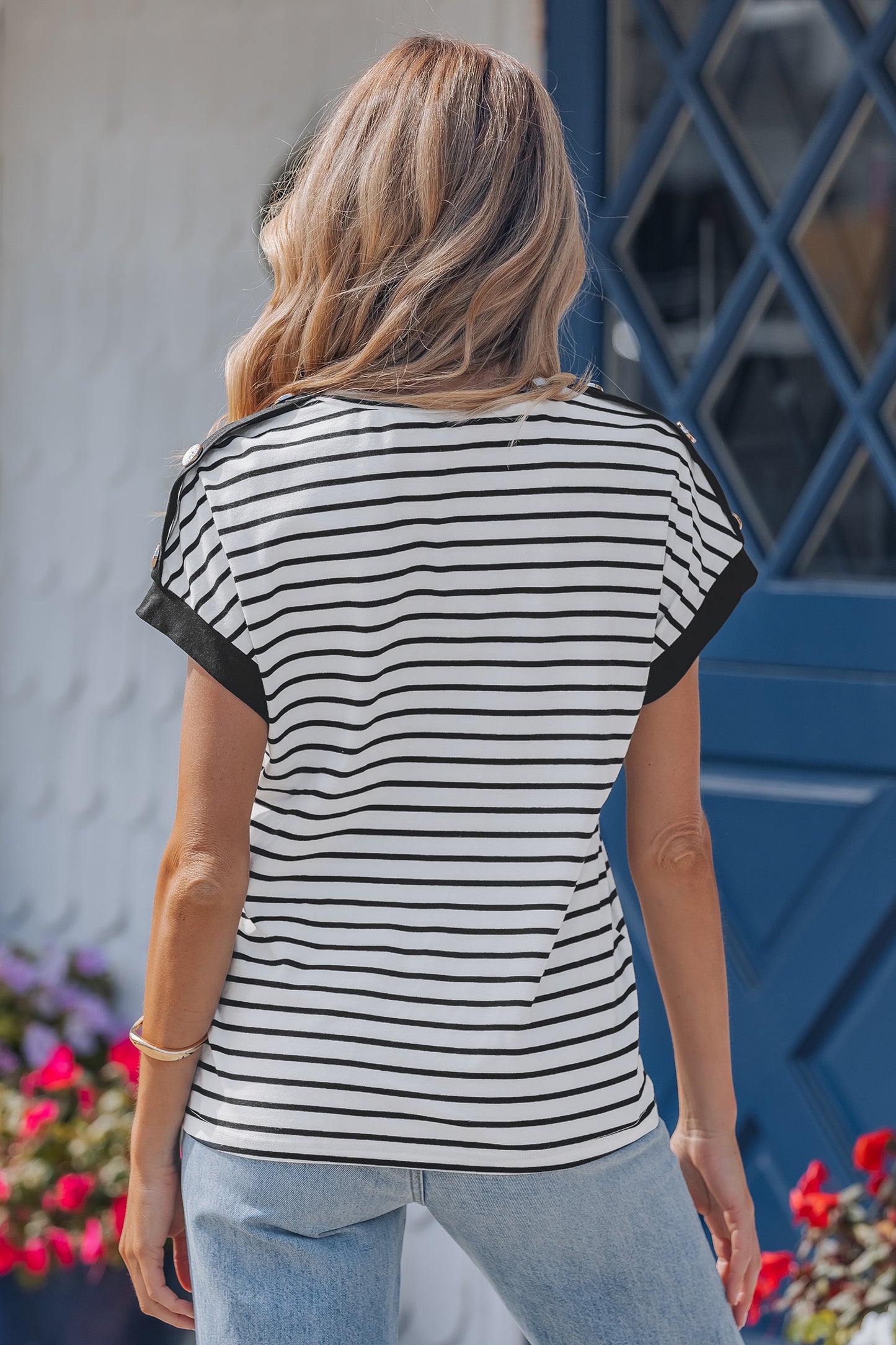 Classic Striped Button Sleeve Tee