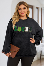 Load image into Gallery viewer, Black Chenille LUCKY Patch Plus Size Corded Graphic Sweatshirt