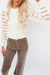 White Frills Stripe Mesh Sleeve Ribbed Knit Top
