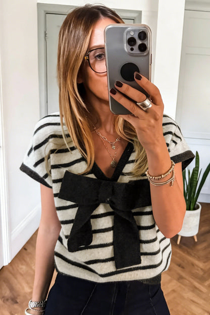 Black Stripe Bow Short Sleeve Sweater