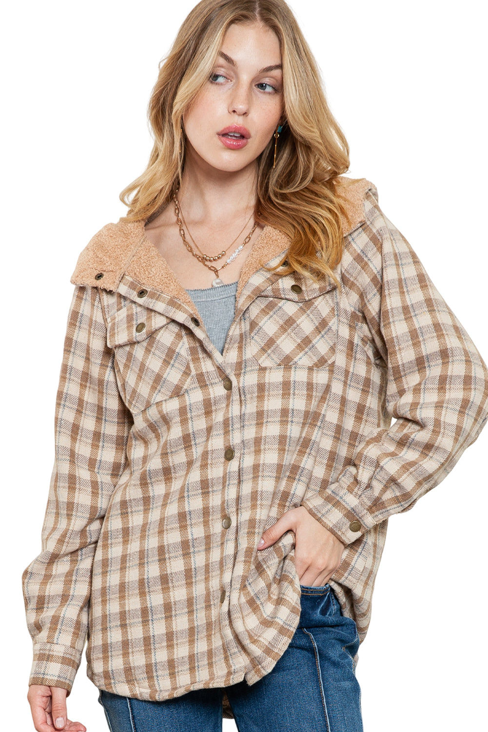 Orange Snap Button Sherpa Lined Hooded Flanne
