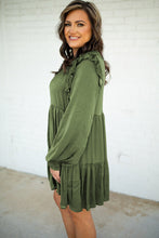 Load image into Gallery viewer, Moss Green Ruffled High Waist Long Sleeve Mini Dress