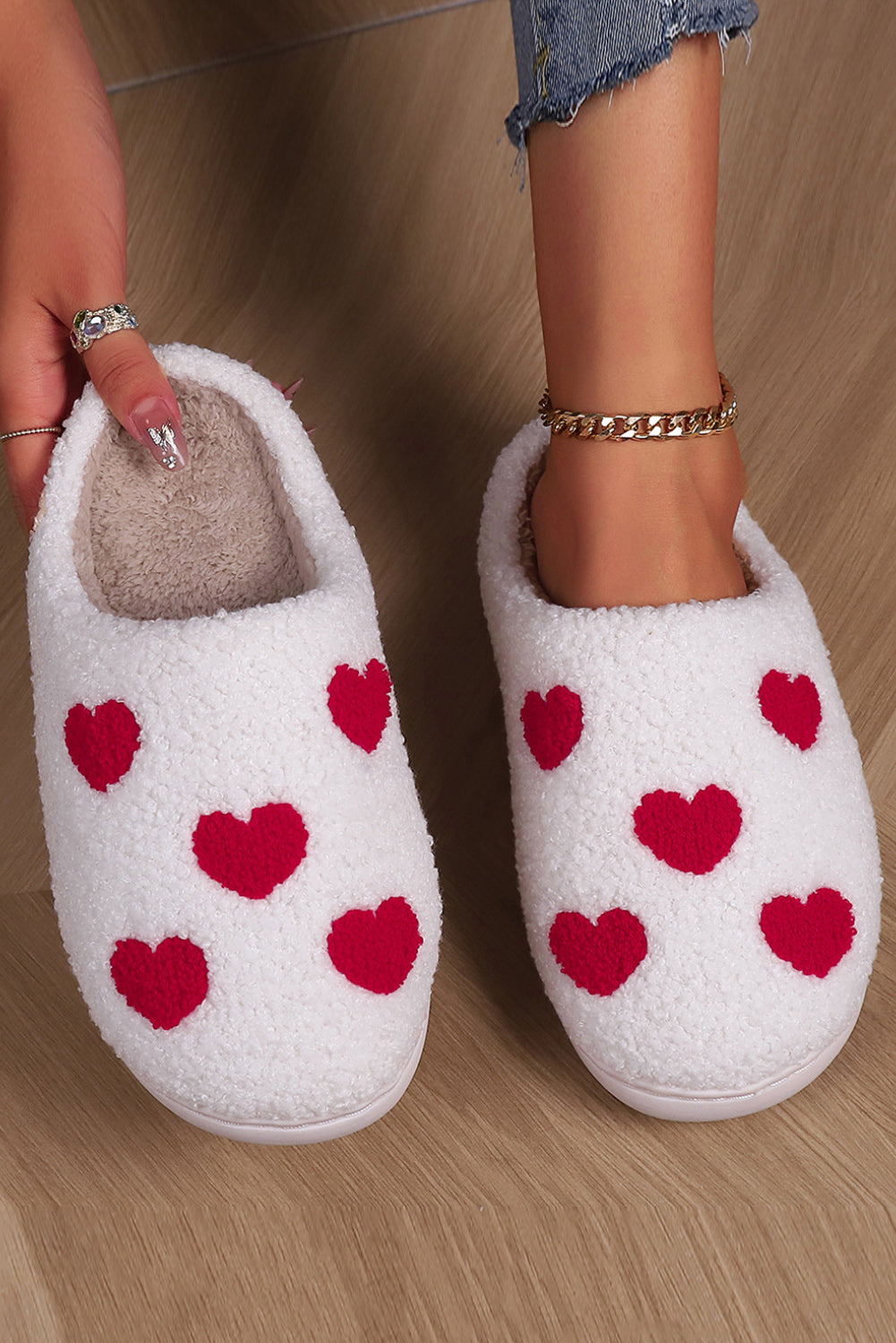 White Valentines Day Hearts Plush House Slippers