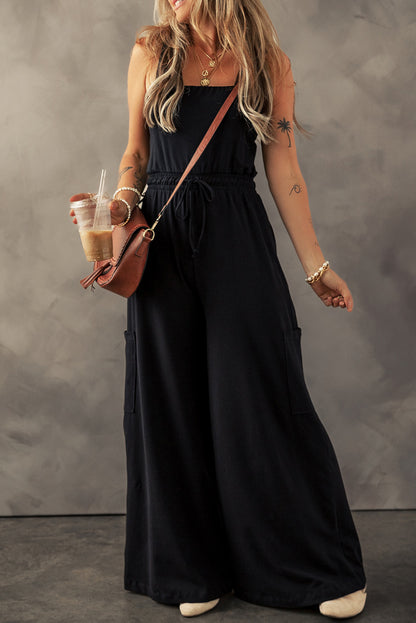 Black Drawstring Wide Leg Cargo Pockets Sleeveless Jumpsuit