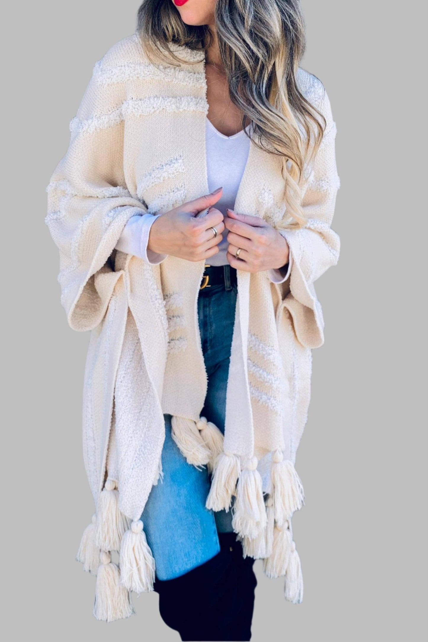 Gracie Cream Textured Chunky Tassel Cardigan