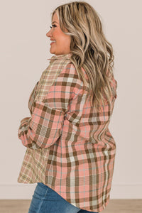 Pink Plaid Plus Size Color Block Long Sleeve Shirt with Pocket