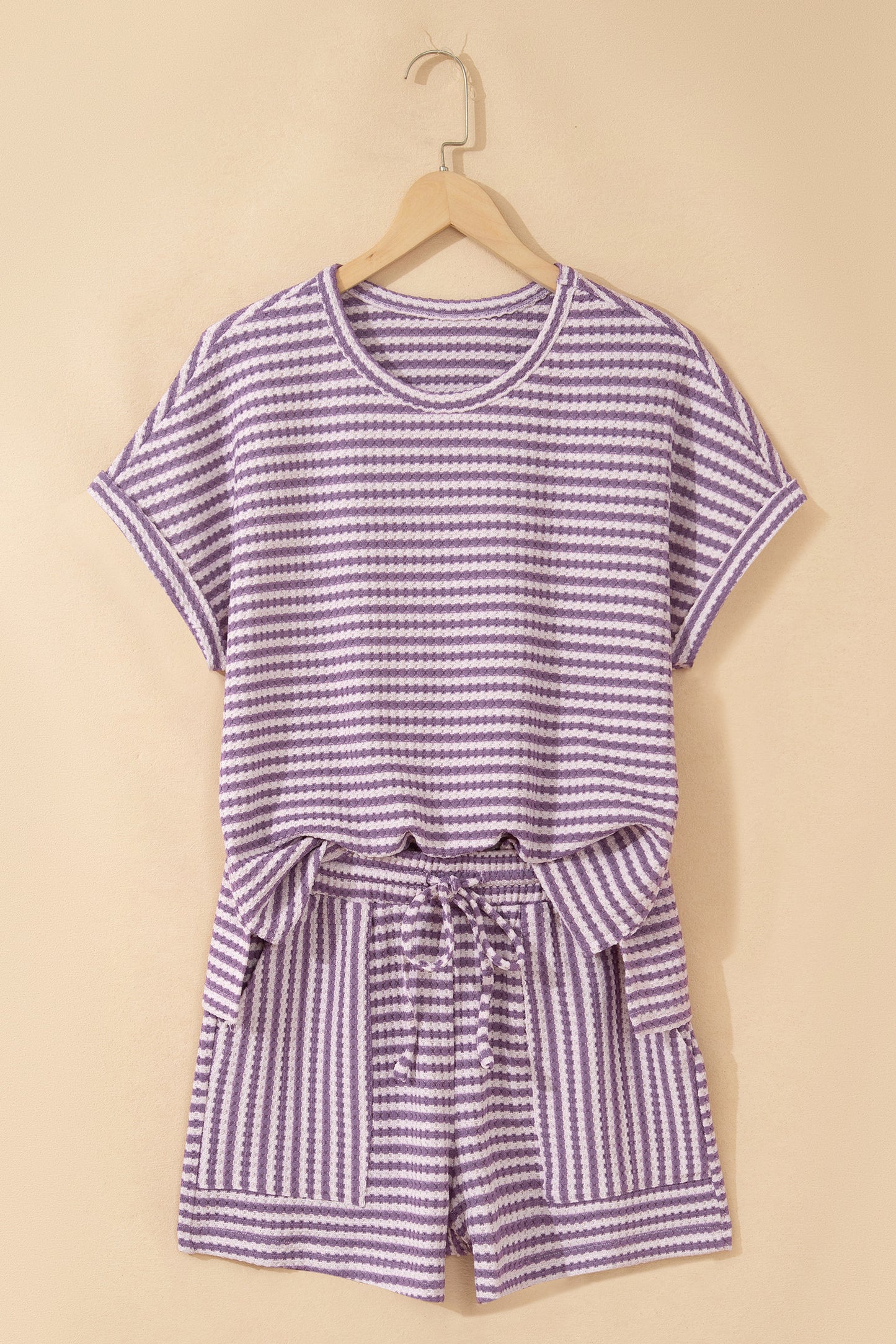 Brown Stripe Knit Short 2pcs Set
