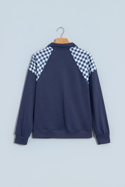 Racing Red Patchwork Plaid Pocket Quarter Zip Sweatshirt