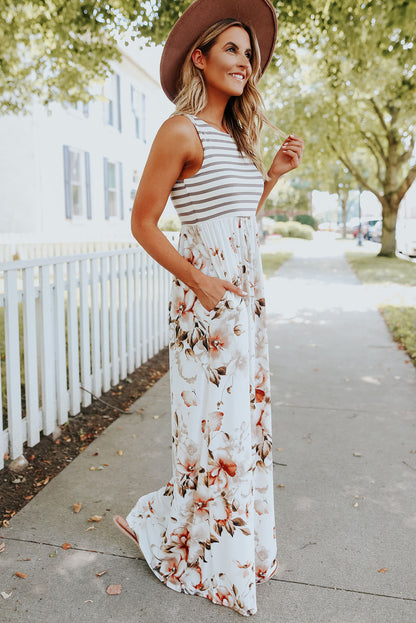 Ashley-Boho Stripes & Floral Print Floor Length Maxi