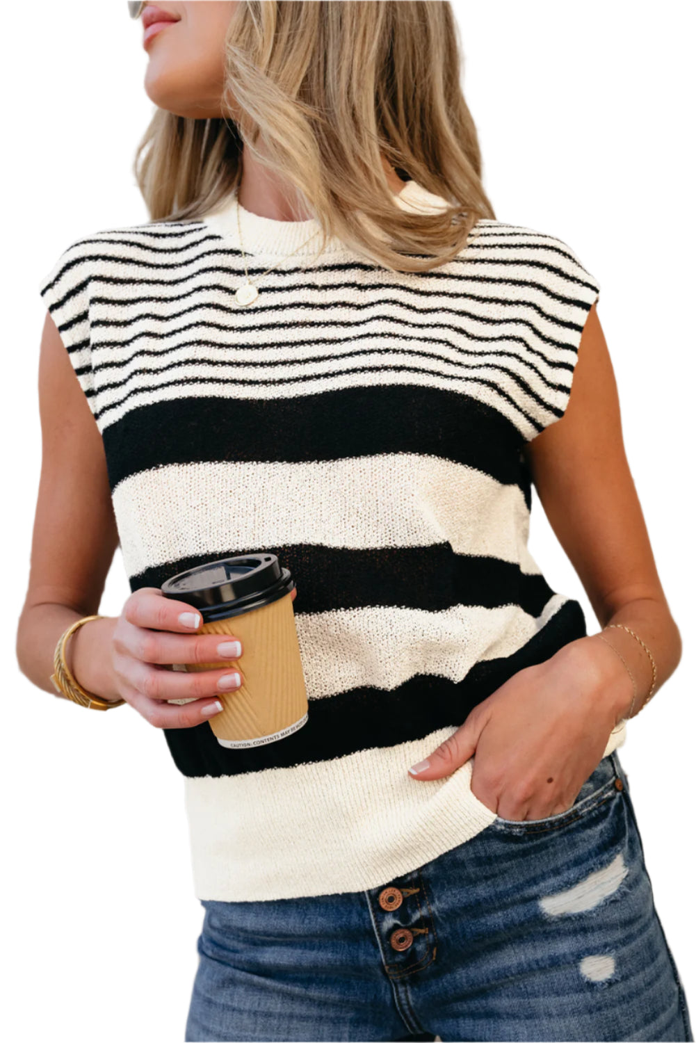 Black white Striped O Neck Sweater Vest