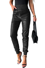 Load image into Gallery viewer, Black Smocked High-Waist Leather Joggers