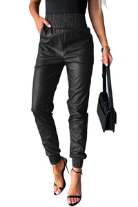 Black Smocked High-Waist Leather Joggers