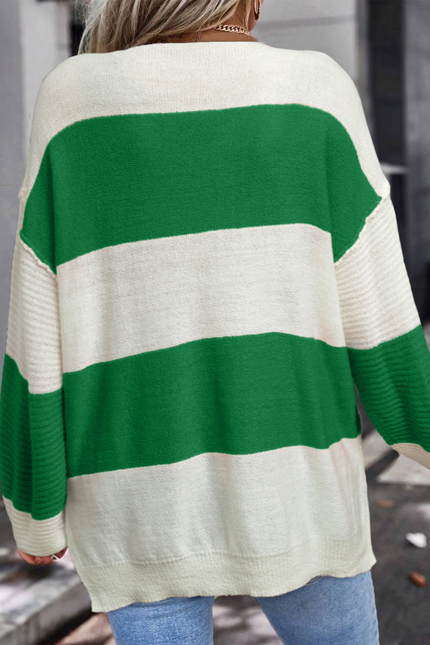Green Stripe Drop Shoulder Bubble Sleeve Sweater