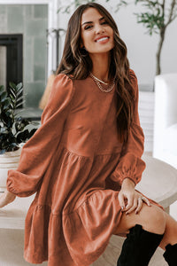 Chestnut Faux Suede Tiered Babydoll Dress