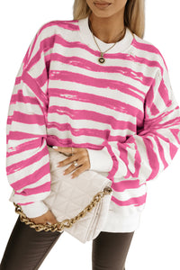 Dark Pink Oversized Striped Bishop Sleeve Pullover Sweatshirt