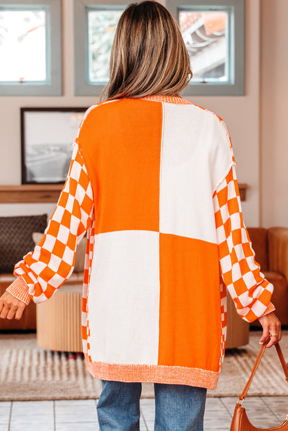 Orange Checkered Drop Shoulder Cardigan