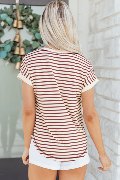 Red Stripe Half Buttons Round Neck T Shirt